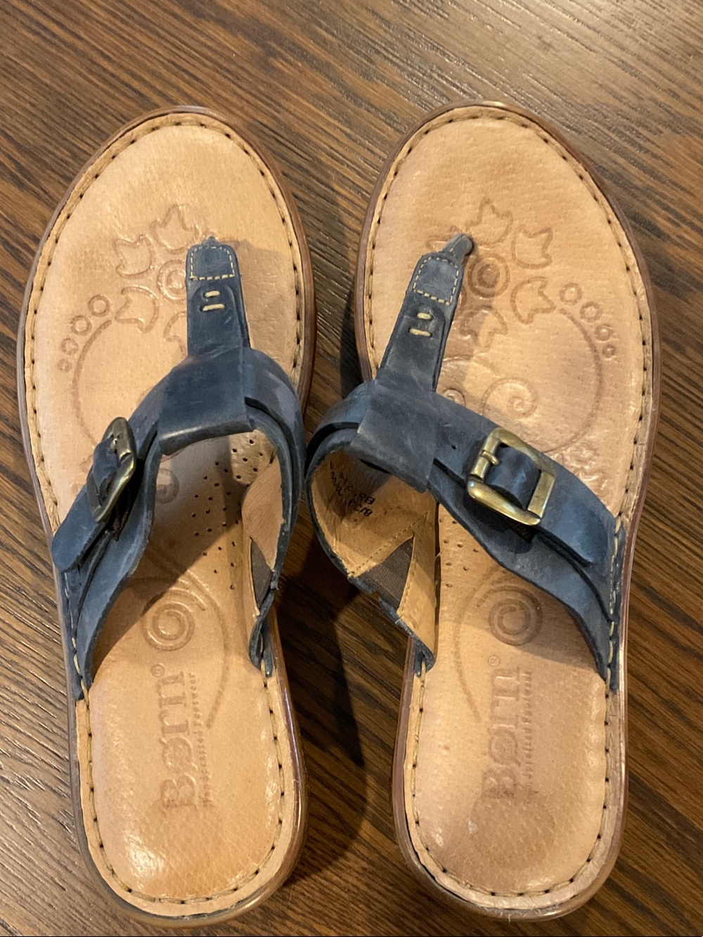 Born Blue Leather Buckle Thong Sandals
